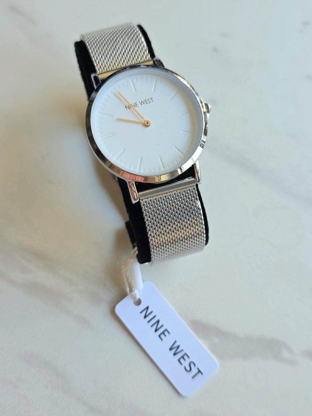 Nine West Men's Silver Mesh Strap Watch with White Dial